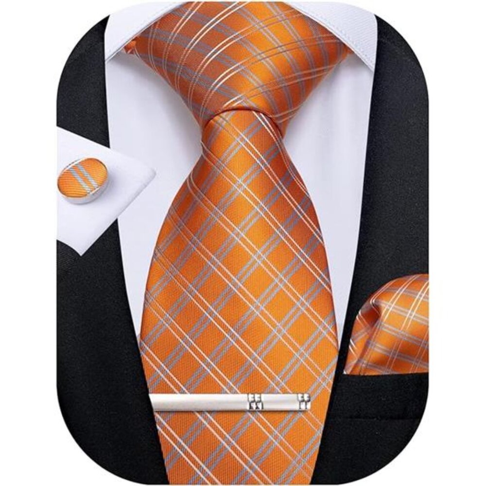 Plaid Ties for Men Silk Checkered Necktie and Pocket Square Cufflinks Tie Clip